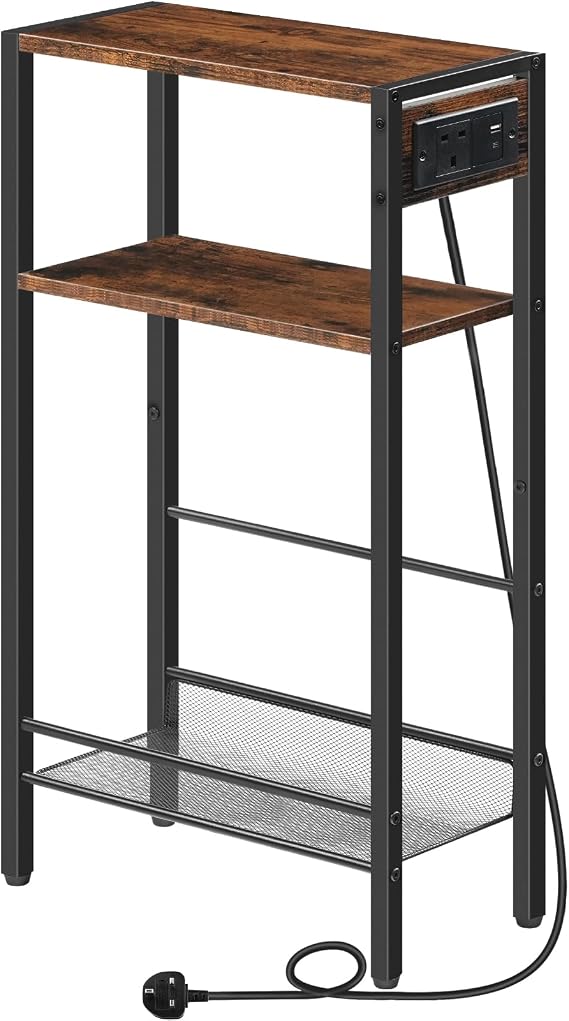 HOOBRO 3-Tier Console Table with Charging Station (1AC, 1USB, 1Type-C), Hallway Table with Adjustable Shelf, Small Side Table with Storage for Living Room, Entryway, Rustic Brown EBF42KXG01
