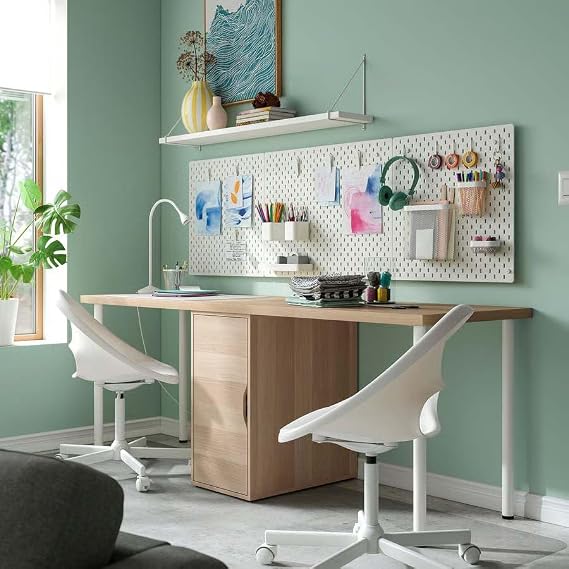LAGKAPTEN ALEX Computer Desk Set 200x60 cm with 2 LOBERGET MALSKÄR Swivel Chairs – Modern Workstation, Home Office Study & Writing Table Furniture (White stained/oak effect white/White)