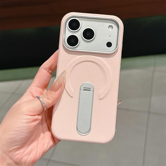 For iPhone 15 Pro Max用スタンドホルダー付きマグネット式レザースマホケース ワイヤレス充電対応 耐衝撃カバー（For iPhone 15 Pro Max用/ピンク）