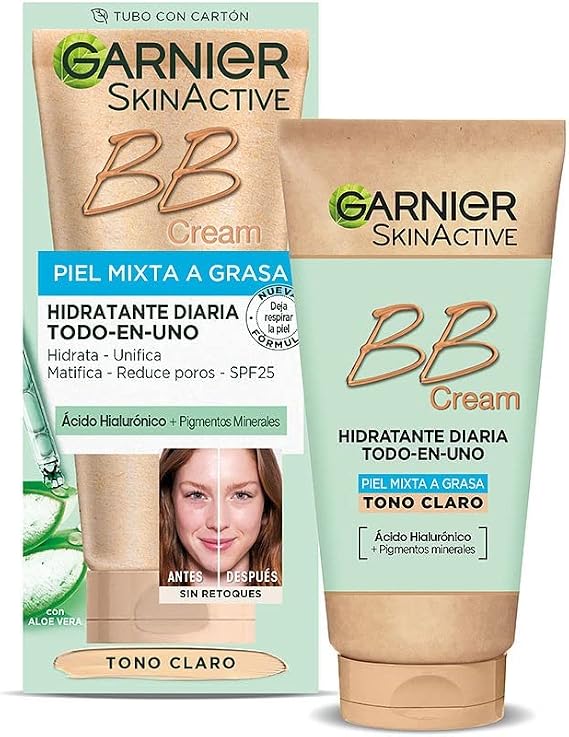 GARNIER Skin Active - BB Cream (for combination to oily skin, with SPF 25, Hyaluronic Acid, Aloe Vera Extract and Mineral Pigments, Hydrates, Unifies, Corrects and Brightens) Light Tone - 50ml