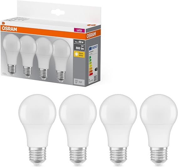 Osram LED Base Classic A Lamp, Bulb-Shaped With E27 Socket, Not Dimmable, Replacement For 60 W Incandescent Lamp, Matt, Warm White, 2700 Kelvin, Pack Of 4 [Energy Class E]