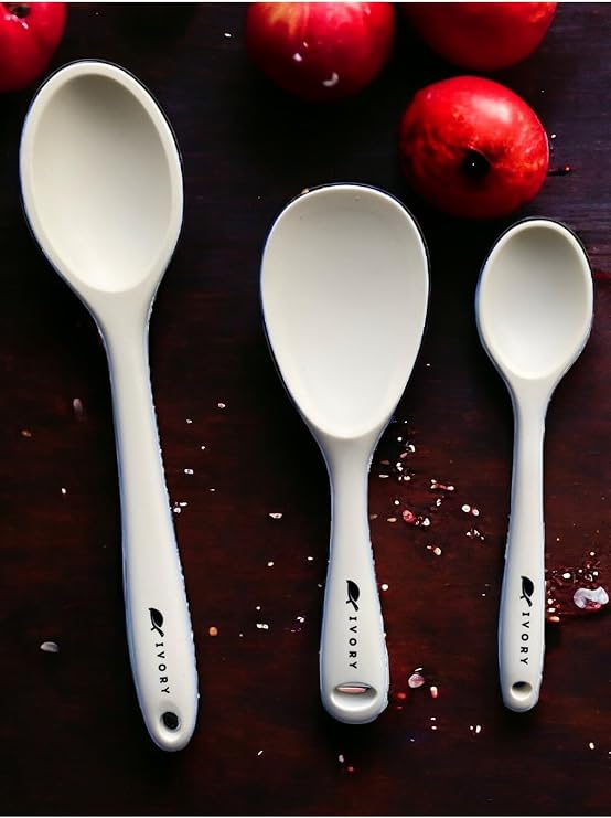 Sert Uçlu Isıya Dayanıklı Silikon Kaşık Seti, 28 cm-22 cm-20 cm, Krem