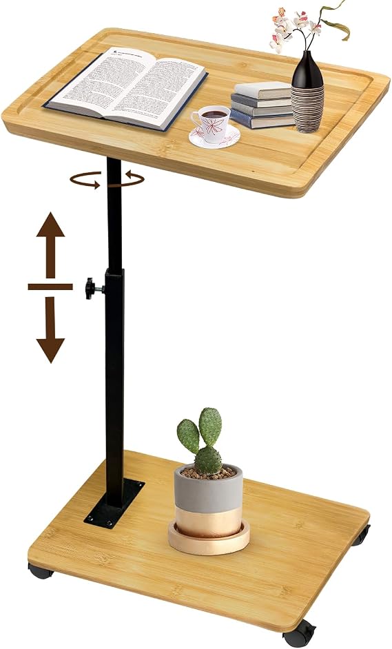 Side Table C Shape Bamboo Metal Modern Height Adjustable with Wheels Small Side Table Coffee Table Bed Table Sofa Table Coffee Table Bedside Table Care Table for Living Room Bedroom Bathroom