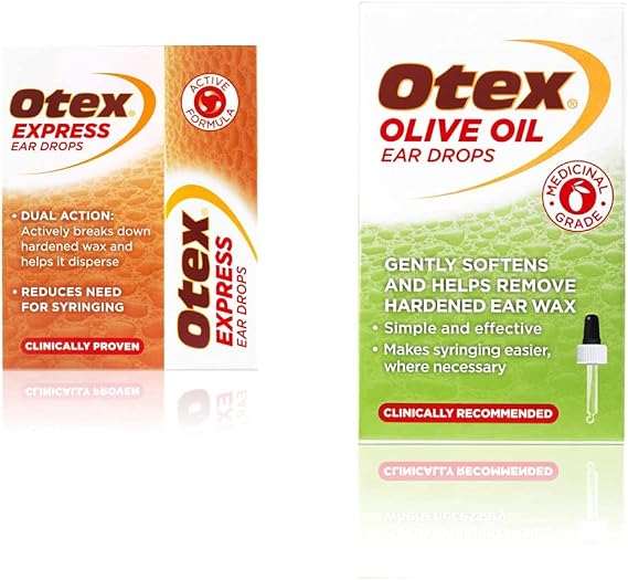 Otex Express Ear Drops, 10ml & Olive Oil Ear Drops, 10ml. for the Effective Removal of Excessive, Hardened Ear Wax.