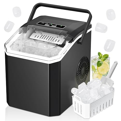 Ice Maker Machine,9 Ice Cubes in 6 Mins,14KG in 24H,2 Bullet Ice Sizes,Self-Cleaning. Portable Ice Cube Maker with Handle, Ice Scoop and Basket for Home/Kitchen/Office/Bar (Black)