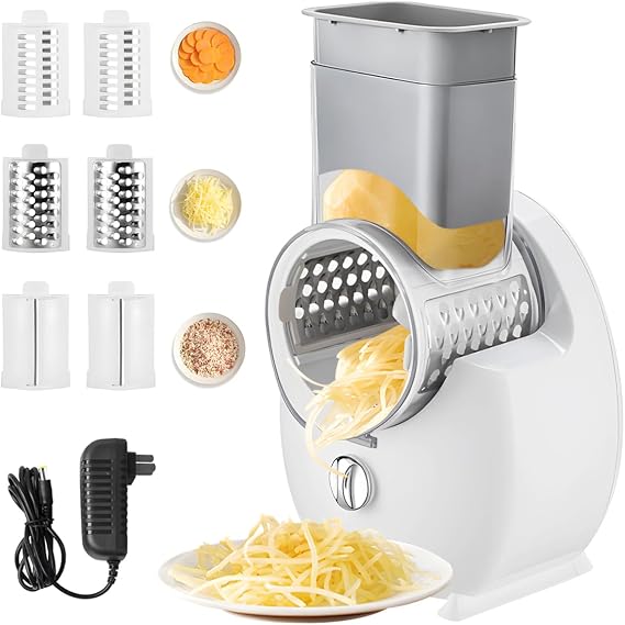 Electric Cheese Grater 50w, Rotary Cheese Grater with 3 Sets of Interchangeable Blades of Different Shapes, Electric Grater for Cheese and Vegetables, for Home Kitchen Use