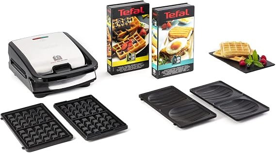 Tefal Snack Collection Waffle Iron and Sandwiches Expandable Non-Stick Plates Dishwasher Safe Practical Storage Boxes Black/Stainless Steel SW853D