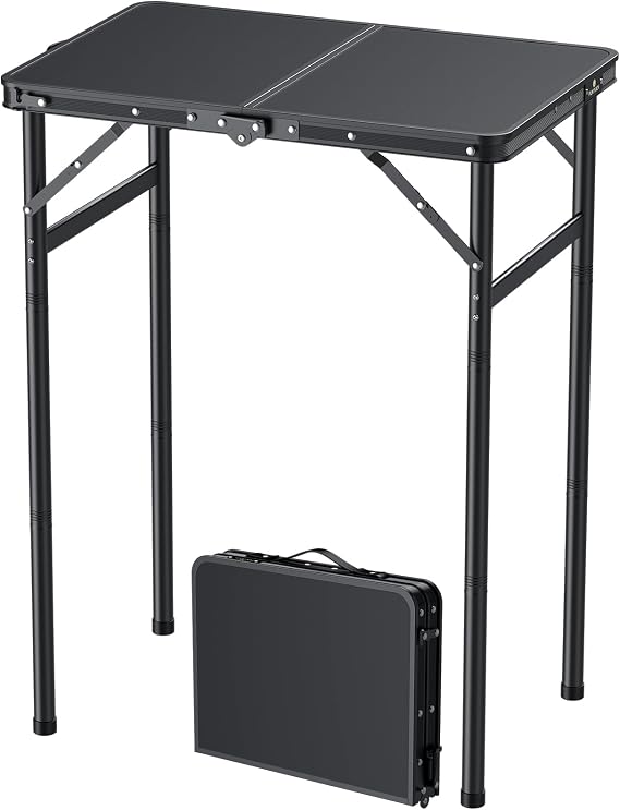 FUNYKICH Small Folding Table 2ft (60x40 cm), Max 75cm Tall Camping Tables 3 Height Adjustable, Lightweight Aluminum Outdoor Table with Carry Handle for Camping, Beach
