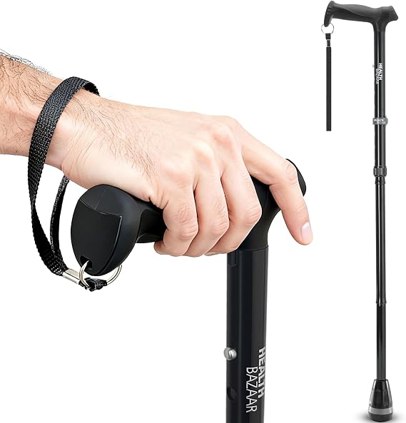 HEALTHBAZAAR All Terrain Walking Stick for Men and Women Lightweight Foldable Adjustable Shock Absorption Folding Walking Stick for Seniors and Adults