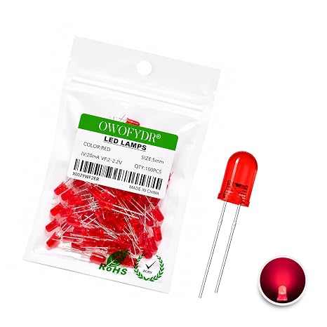 100-Pack 5mm Red LED Diodes, Diffused Red Lens, 2V-2.2V 20mA