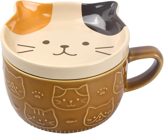Cartoon Ceramic Breakfast Milk Tea Mug, Cat Mug Cute Ceramic Coffee Cup 300ML, Animal Coffee Tea Cup Set with Lid Heatable for Birthday Festivals Gifts Girls Boys Teacher Friend (Brown cat)