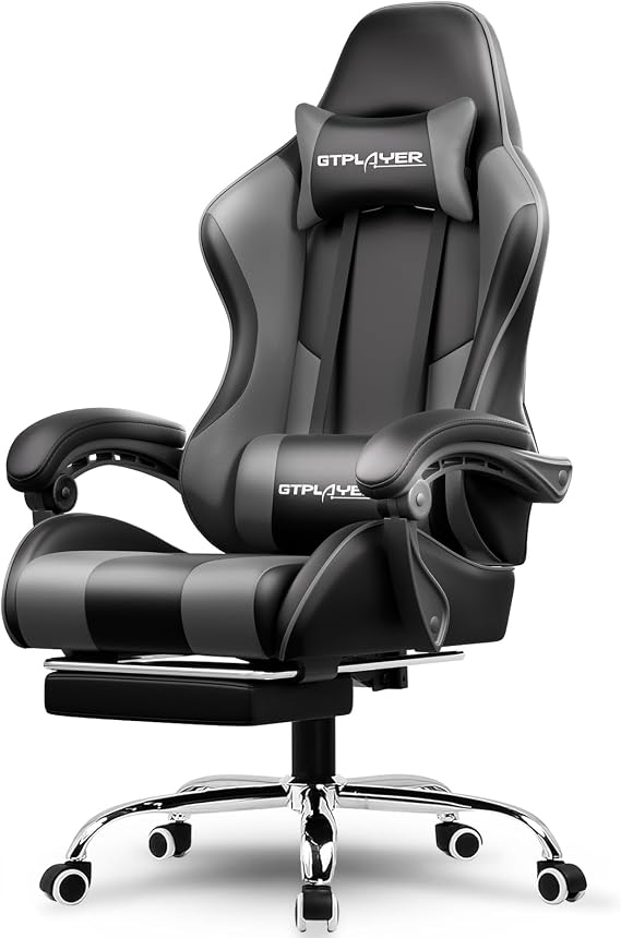 GTPLAYER Gaming Chair, Gaming Chair, Office Chair, Desk Chair, PC Chair, Wide Seat, 140° Reclining, Ottoman, High Back, Ergonomic PU Leather, Interlocking Armrest, Lumbar Support, Comfortable Sitting, Chair, Telework, No Fatigue, Non-stuffy, Perforated Leather GRAY