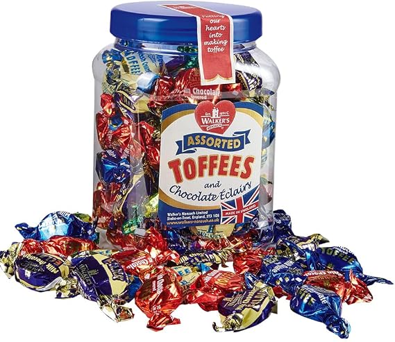 Walker's Assorted Toffees & Chocolate Eclairs – 1.25kg Bulk Jar | Traditional British Sweets, Chewy Toffee Candy, Party Favors, Gift Tub, Retro Confectionery