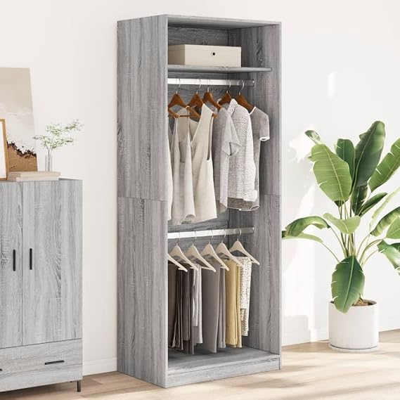 Modern Single Wardrobe Clothes Closet Storage Organiser Furniture Units with Shelf and 2 Clothes Hanging Rail for Bedroom, 80x50x200 cm - Grey+Oak