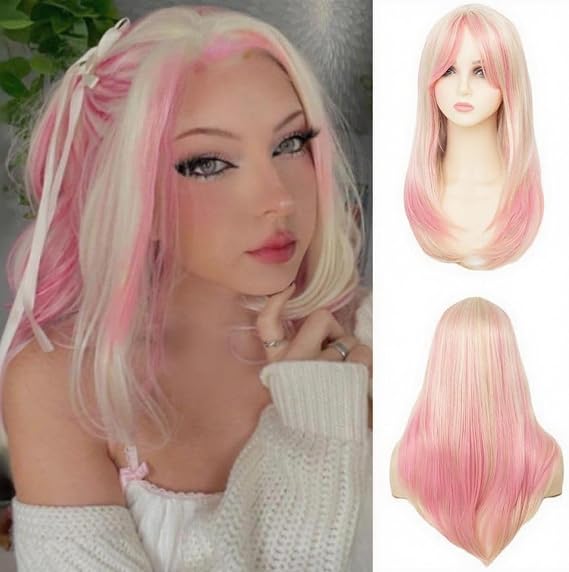 Pink and Blonde Straight Long Wigs for Women Pink Middle Part Synthetic Fiber Hair Wig for Cosplay Costume Halloween Party Use