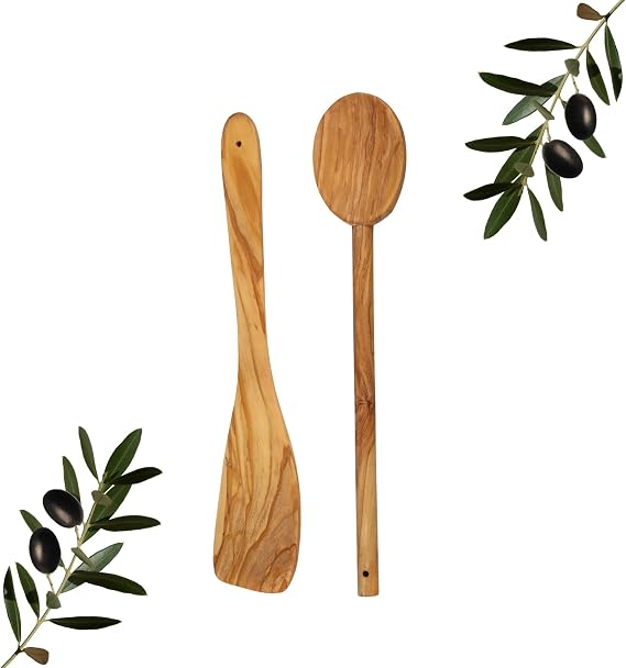 Moon Home Premium Kitchen Utensil Set Made of Olive/Wood Set of 2 High-Quality Cooking Spoons and Spatula Robust & Sustainable Cooking Cutlery Made of Olive Wood Wooden Spoon and Turner