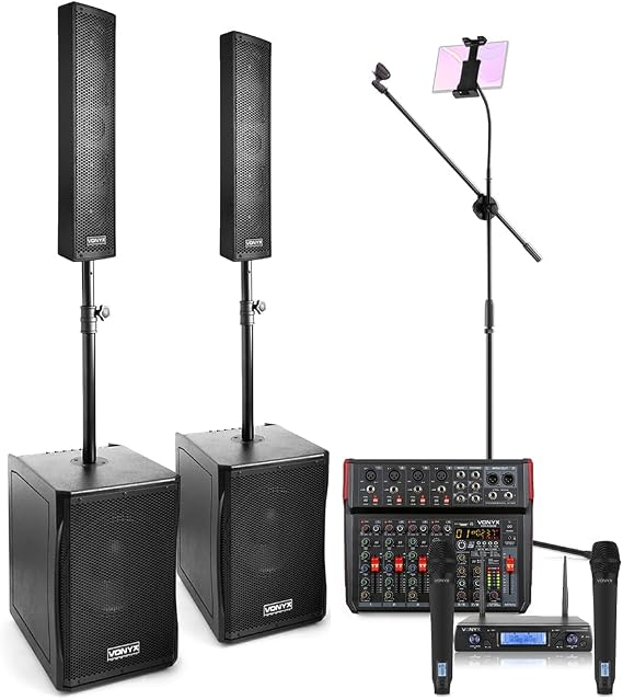 VONYX VX1200 Pro Karaoke System with Column Array Speakers, 8-Channel Bluetooth Mixer, Wireless Handheld Microphones & Tablet Stand - Ideal for Bars, Pubs & Home Karaoke Events