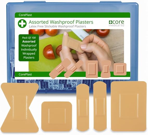 Washproof Latex Free Plasters - Assorted Pack of 100 in Reusable Hard Box - Waterproof and Great stickability