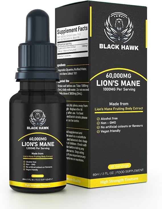 Lions Mane Liquid Drops 60,000mg - High Strength Lion's Mane Mushroom Tincture - Fruiting Body Extract Nootropic Supplement - 60 Vegan Servings, 2 Month Supply - Alcohol Free - BLACK HAWK