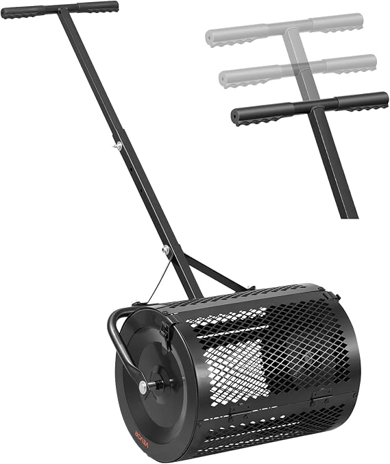 VEVOR コンポストスプレッダー、41.9 cm 幅 ピートモス スプレッダー T字型ハンドル 3段階調節可能 パウダーコーティング スチール ガーデンピートモスローラー、植え付け用ヘビーデューティー草種子ローラー、ブラック