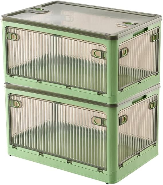 Creahaus 2Pack Storage Boxes with Lids, 28L Stackable Bins for Storage with Wheels, Folding Storage Boxes with Five Doors, Storage Containers Organizer for Bedroom Living Room Study Office(Green)