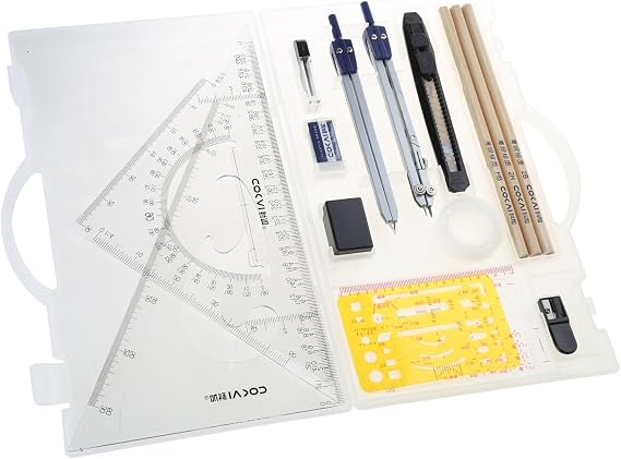 Geometry Set with Compasses,Box of Geometry Kit, Math Compass Set for Student Maths and Engineering Drafting,15 Pcs (Clear)