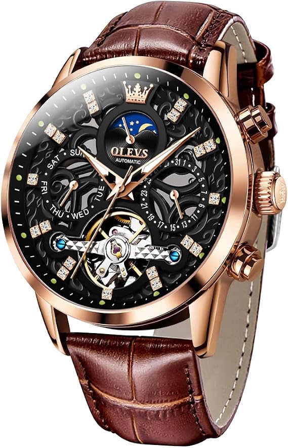 OLEVS Men Skeleton Watch Automatic Designer Luxury Mechanical Wrist Watches Brown Leather Dress Casual Moon Phase Luminous Waterproof