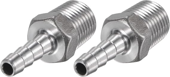 sourcing map Hose Barb Fitting 6mm OD x 1/4PT Male Thread 304 Stainless Steel Straight Pipe Connector for Water Air Fuel, Pack of 2