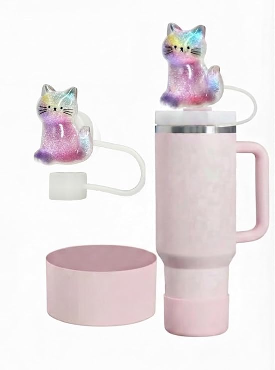 Simli Kedi Figürlü Pipet Tıpası ve Silikon Taban Koruyucu Seti