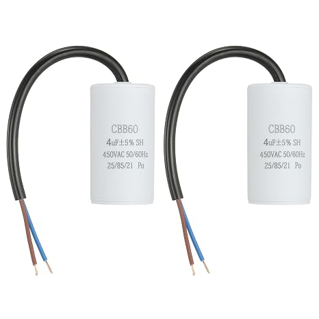 sourcing map 2Pcs CBB60 Run Capacitor 4uf 450V AC 2 Wires 50/60Hz Cylinder 65x35mm White for Air Compressor Water Pump Motor