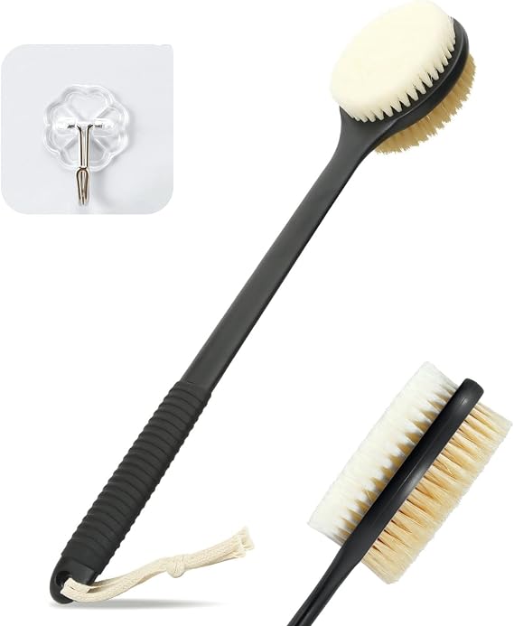 Back Scrubber for Shower, Bath Brush with 17-Inch Long Anti-Slip Handle, Wet and Dry Brushing Body Brush for Body Cleansing, Back Brush for Men and Women, Black