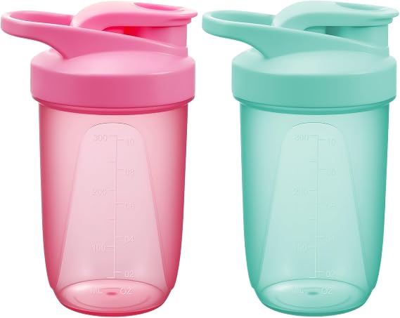 Protein Shaker Bottle, 2PCS Shaker Protein Shakes with Metal Stirring Ball, Sports Gym Supplement Protein Shake Bottle for Mixing Protein Shakes and Supplements, 400ml, Green and Pink
