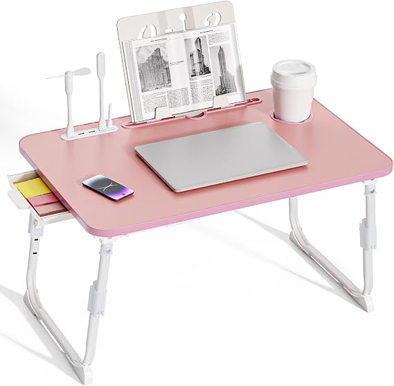 BTGGG Laptop Bed Table Height Adjustable, Upgraded Bed Desk with USB Charge Port & Side Drawer, Portable Lap Desk for Sofa with Tablet Slot & Cup Holder, Laptop Stand for Working Reading (Pink)