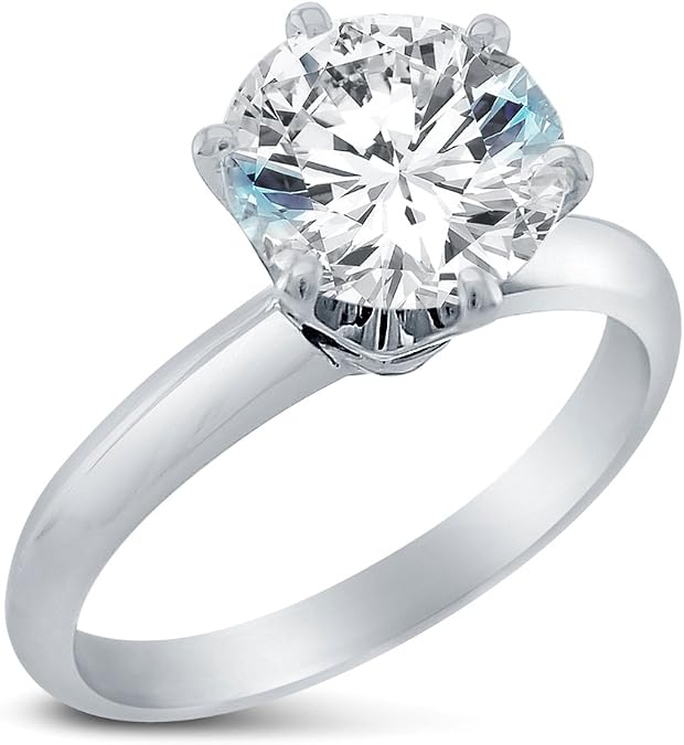 Solid 925 Sterling Silver Classic Traditional Round Brilliant Cut Solitaire Highest Quality CZ Cubic Zirconia Engagement Ring 1.0ct. With Elegant Velvet Ring Box