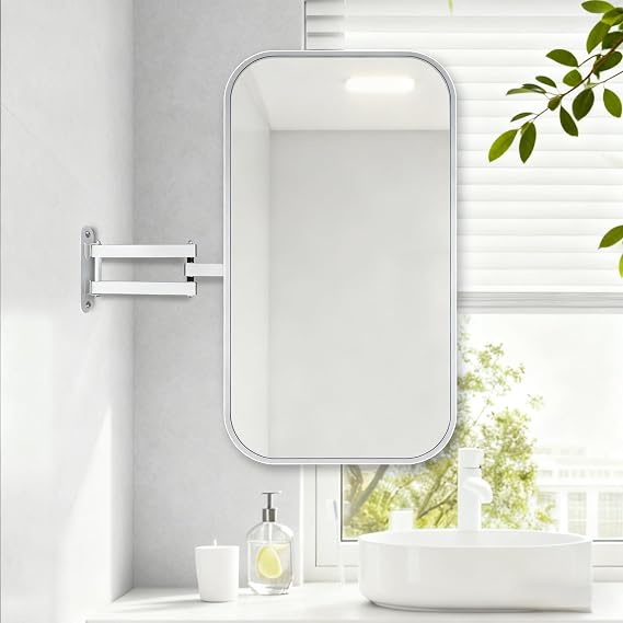 Rectangular Bathroom Corner Mirror, Corner Vanity Mirrors, Wall Mount Pivot Mirror with Metal Frame and Swivel Extendable Arm, Vertical & Horizontal(Silver,40x70cm/15.7x27.6in)