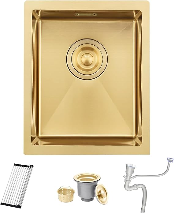 Gold Bar Sink 35 x 45 cm, 304 Stainless Steel 16 Gauge Undermount Single Bowl Kitchen Sink with Overflow, Roll-up Rack and Siphon, for RV Small Prep Bar