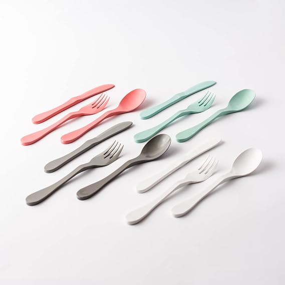 KNORK Eco 12 Piece (Fork, Knife, Spoon) Plant Based Cutlery Bamboo Reusable Flatware Set, (Mint, Coral, White, Gray)