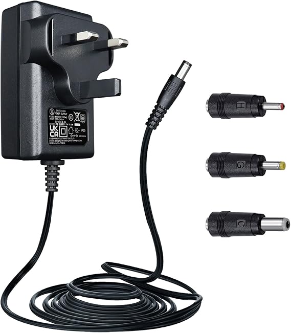 12V 1.5A/1500mA Power Supply Adapter, AC 100-240V 50/60Hz to DC 12V 1.5A Wall Plug, Center Positive, 1.8M 20AWG Long Cable for Stable and Flexible Use, 3 Tips Included, UKCA Certification