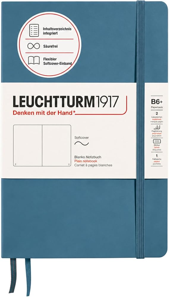 LEUCHTTURM1917 365642 Notebook Paperback (B6+) Soft Cover 123 Numbered Pages Stone Blue Blank