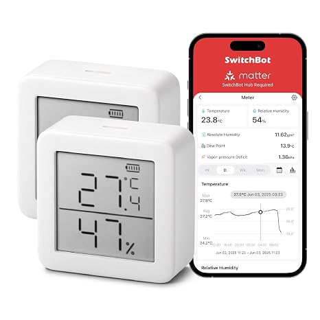 SwitchBot Smart Room Thermometer Hygrometer Sensor Indoor 2Packs, Bluetooth Digital Temperature Monitor with Free Data Storage, Dewpoint/VPD/Absolute Humidity Meter, LCD Screen Wireless Thermometer