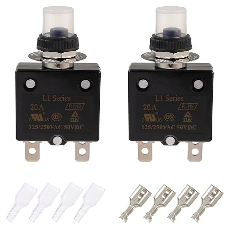 20A Manual Reset Push Button Circuit Breaker 125/250V AC 50V DC Thermal Overload Protector with Quick Connect Terminals and Waterproof Button Caps Assortment Kit(pack of 2 pcs)