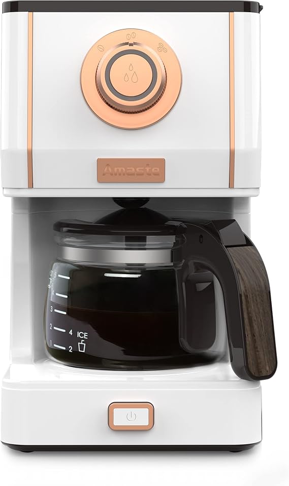 Amaste Retro Style Coffee Maker with 25 Oz Glass Coffee Pot, Drip Coffee Machine with Reusable Filter & Three Brewing Modes, 30-Minute Warm Keeping, Elegant White with Rose Gold