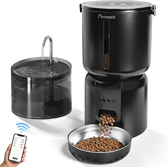 Cat Feeder Automatic 2.4G WiFi and Water Fountain Set - 4L Stainless Steel Cat Food Dispenser with APP Timer Programmable 10 Meals, 2.2L Faucet Water Dispenser <30dB (Black)