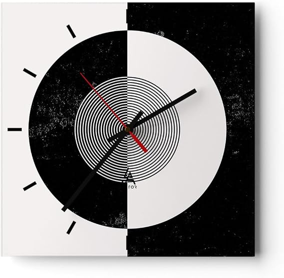 Modern Wall Clock Abstract Wheel Black and White 40 x 40 cm Square Large Wall Clock Glass Analogue Room Clocks Kitchen Office Living Room Glass Clock Wall Clock Decoration Design Wall Decoration