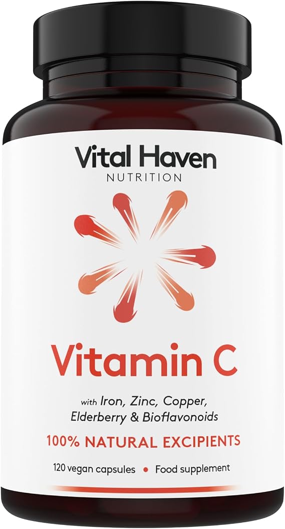 Vitamin C Supplement: Non-Acid VIT C + Iron/Zinc/Copper/Calcium with Citrus Bioflavanoids & Elderberry - UK Made