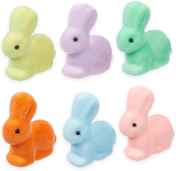 6 Pcs Easter Small Flocked Rabbit Figurines, Soft Foam Animal Decor Set, Furry Bunny Tabletop Displays for Spring Home Arrangements, Seasonal Basket Fillers and Party Favor Supplies