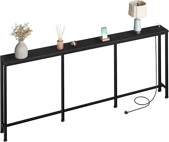 CHOEZON 200 cm Narrow Console Table with Power Outlet, 18 cm Skinny Sofa Table, Long Behind Couch Table with Charging Station, for Entryway, Black DTXG20KBB
