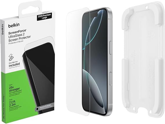 Belkin ScreenForce UltraGlass 2 iPhone 17 Pro Max Screen Protector, Scratch-Resistant Impact Protection with Included Easy Align Tray for Bubble Free Application, 9H Hardness Tested Recycled Glass