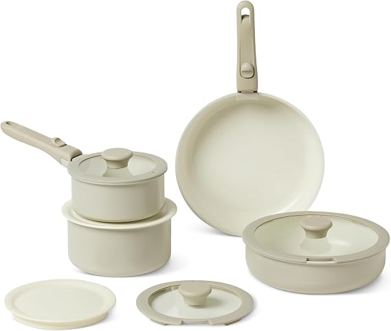 Amazon Basics Batería de Cocina Apilable Antiadherente de Cerámica con Asas Desmontables, Juego de 11 Piezas, Compatible con Todo Tipo de Fuegos, Gris Lino
