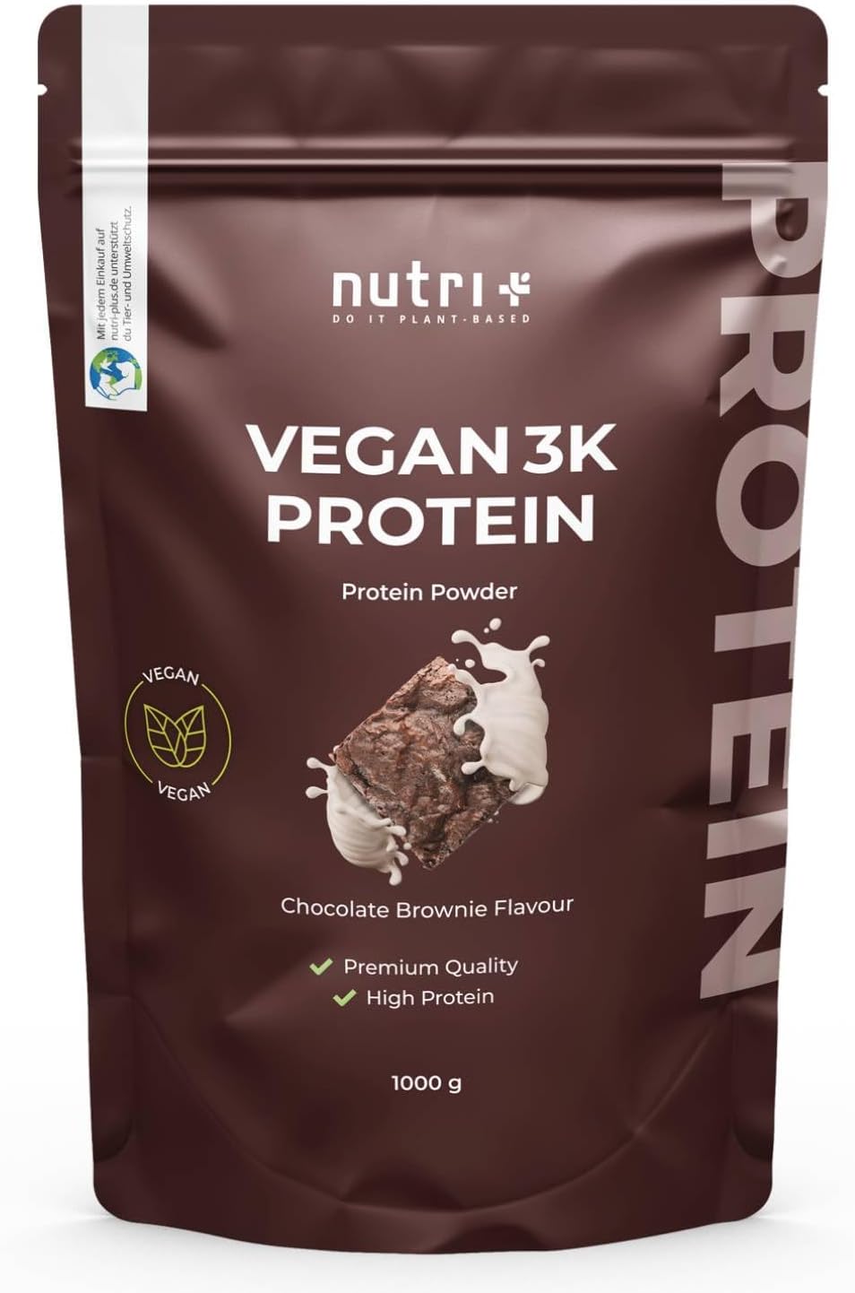 VEGAN PROTEIN Powder Chocolate Brownie 1kg - 3k plant based drink for muscle building and recovery - lactose free low sugar - Nutri-Plus Shape & Shake - 1000g